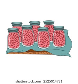 Sterilized jars of preserves cool down on covered work surface. Canning process, food preservation concept. Hand drawn doodle style vector illustration.
