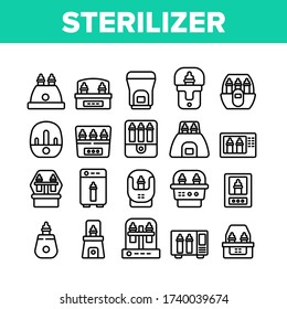 Sterilizer Device Collection Icons Set Vector. Sterilizer Electronic Equipment Milk Bottle For Cleaning, Steaming And Disinfection Concept Linear Pictograms. Monochrome Contour Illustrations