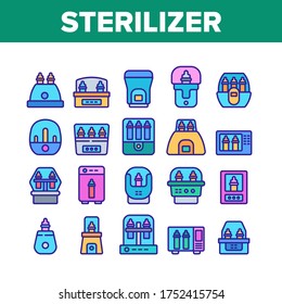 Sterilizer Device Collection Icons Set Vector. Sterilizer Electronic Equipment Milk Bottle For Cleaning, Steaming And Disinfection Color Illustrations