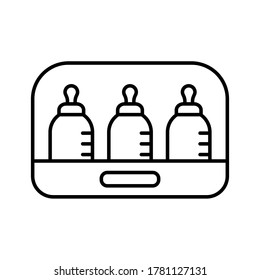 Sterilisator mit drei Babyflaschen. Lineares Symbol für die Sterilisation von Speisen. Contour einzeln auf weißem Hintergrund