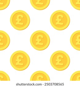 Sterling pound money vector seamless pattern. Gold coins with GBP symbols on white background.