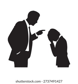 A stern man in a suit points accusingly at a woman with her head in