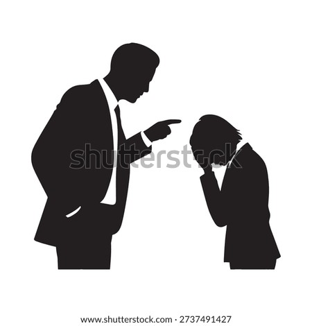 A stern man in a suit points accusingly at a woman with her head in