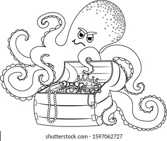 
A stern octopus guards a treasure chest. Black outline on a white isolated background. Vector and illustration.