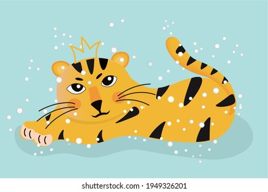 Stern Tiger König der Tiere. Lies, Beine ausgestreckt, mit dem Schwanz gezogen. Cute-Zeichen auf blauem Hintergrund . Symbol von 2022. Für Druck, Mode Design, Kinderillustrationen, Web, Kalender Vektor.