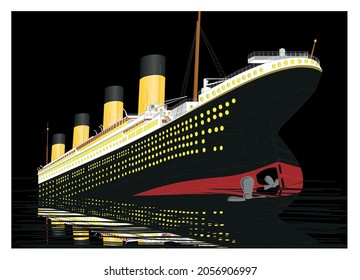 Stern view, transatlantic sinking in the ocean at night. Big cruise transatlantic. Old big passengers ship. Detailed vintage famous sunken transatlantic. Vector illustration.