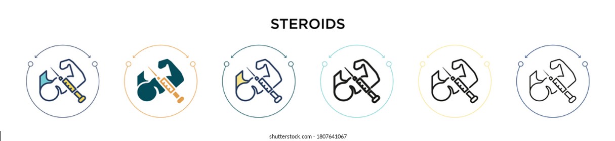Icono de esteroides en el estilo relleno, delgado, contorno y trazo. Ilustración vectorial de dos esteroides coloreados y negros, los diseños vectoriales se pueden utilizar para móviles, ui, web