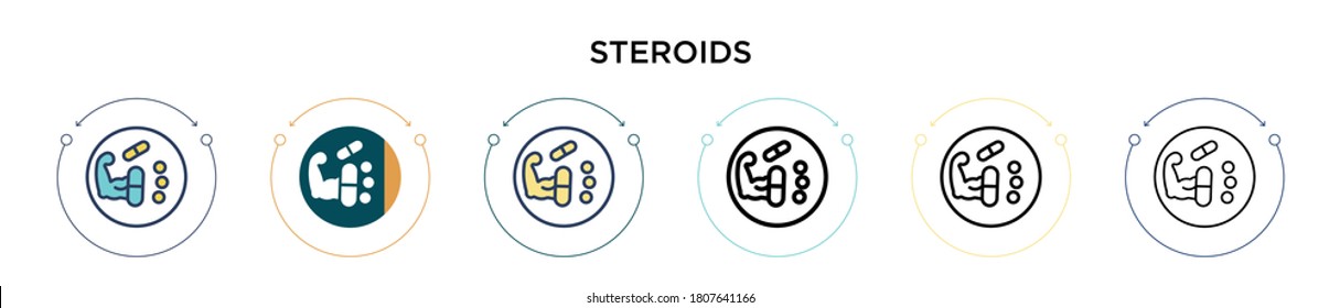 Steroids icon in filled, thin line, outline and stroke style. Vector illustration of two colored and black steroids vector icons designs can be used for mobile, ui, web