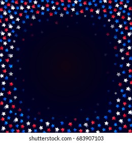 Sters confetti frame on dark background. Blue, red and white stars with motion blur. Vector illustration.