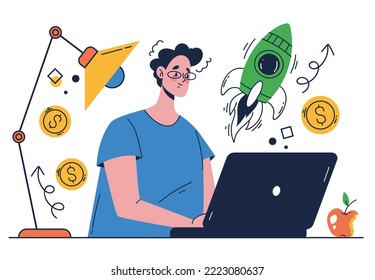 Stertup rocket new business website development strategy abstract concept. Vector graphic design illustration element