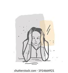 Stess desperate girl holding her head line art illustration