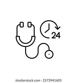 Stethoscope and 24 hours clock. Always available healthcare and medical insurance. Ambulance, telemedicine and constant care. Pixel perfect vector icon