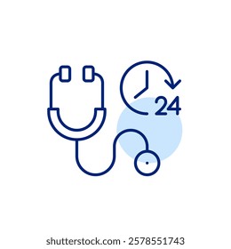 Stethoscope and 24 hours clock. Always available healthcare and medical insurance. Ambulance, telemedicine and constant care. Pixel perfect, editable stroke icon