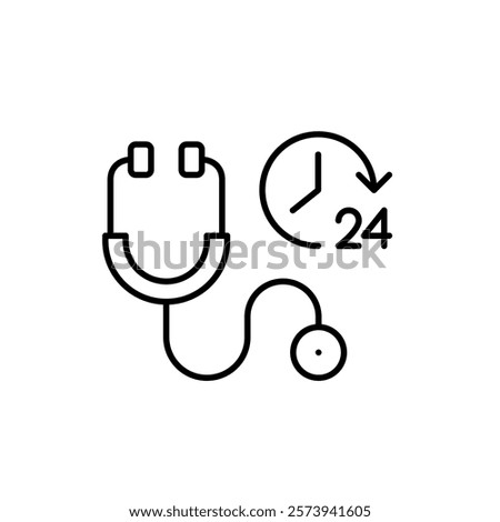 Stethoscope and 24 hours clock. Always available healthcare and medical insurance. Ambulance, telemedicine and constant care. Pixel perfect vector icon