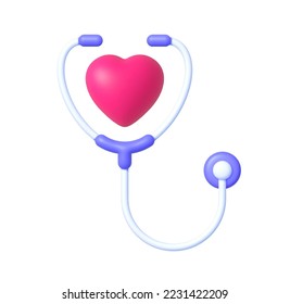 Stethoscope 3d, gran diseño para cualquier propósito. Salud, concepto de emergencia. Gráfico vectorial. Icono médico. Corazón rojo. Ilustración de vector 3d