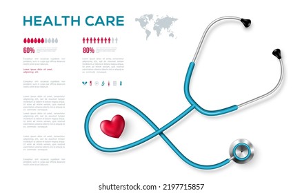 Estetioscopio y afiche de infografía cardíaca 3d. Pancarta de infografías del Día Mundial de la Salud. Ilustración vectorial. Plantilla médica de antecedentes sanitarios, equipo de cardiología, instrumento cardiólogo