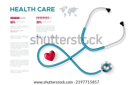 Stethoscope and 3d heart infograph poster. World health day infographics banner. Vector illustration. Healthcare background medical template, cardiology equipment, cardiologist instrument