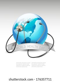 Stethoscope against a globe. World health day. Vector.