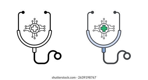 Stethoscope with AI circuitry icon for healthcare diagnostics, in outline and color styles.