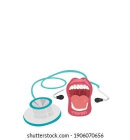 Stethoscope, anatomy human open mouth with healthy teeth model and dentistry with dental mirror in front of . Oral cavity. Infographic design for educational poster with copy space.vector flat design