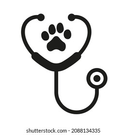 Stethoscope and Animal Footprint Veterinary Concept Silhouette Icon. Veterinarian Medicine Equipment Glyph Pictogram. Pet, Dog, Cat Health Care Service Icon. Isolated Vector Illustration.