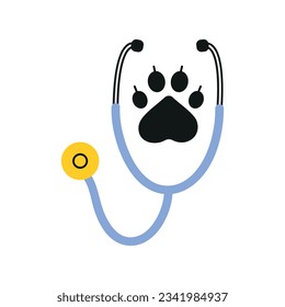 Stethoscope with animal paw print symbol. Veterinary medicine logo, isolated vector illustration.