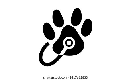 Stethoscope around the animal paw print, black isolated silhouette