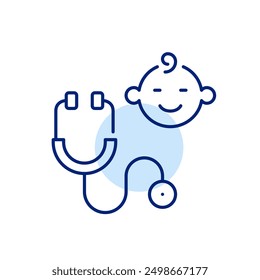 Estetoscopio y bebé. Servicios de salud pediátrica. Atención médica a niños y jóvenes. Bienestar infantil y chequeo. Icono de trazo perfecto y editable del píxel