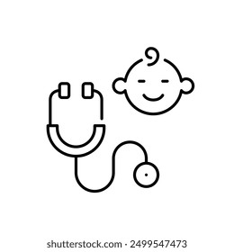 Stethoscope and baby. Pediatric health services. Medical attention to children and youth. Infant wellness and checkup. Pixel perfect vector icon