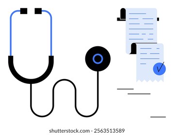 Stethoscope beside medical documents with a checkmark on a white background. Ideal for healthcare, medical diagnostics, patient care, health records, and medical billing. Simple line art style