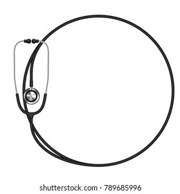 Stethoscope black color and circle shape frame made from cable isolated on white background, with copy space