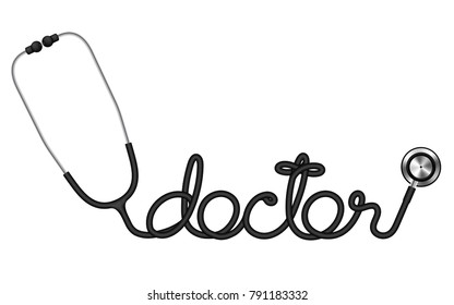 Stethoscope black color and doctor text made from cable isolated on white background, with copy space