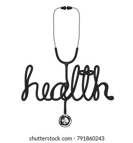 Stethoscope black color and health text made from cable isolated on white background, with copy space