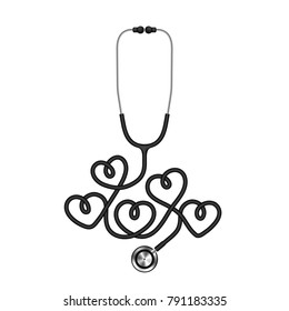 Stethoscope black color and heart sign symbol made from cable isolated on white background, with copy space