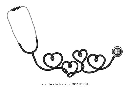 Stethoscope black color and heart sign symbol made from cable isolated on white background, with copy space