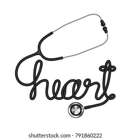 Stethoscope black color and heart text made from cable isolated on white background, with copy space