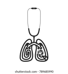 Stethoscope black color and lung sign symbol shape made from cable isolated on white background, with copy space