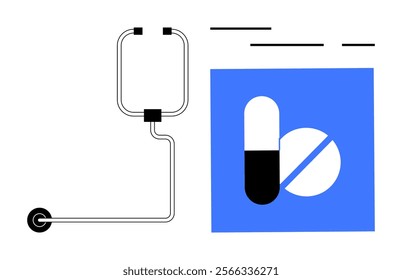 Stethoscope with black ear tips next to a blue square containing a capsule and pill. Ideal for healthcare, medical equipment, pharmaceuticals, diagnostics, and clinic promotions. Simple modern style