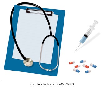 Stethoscope and blank clipboard. Syringe with needle and capsules. Vector