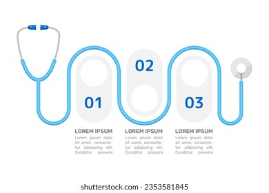 Stethoscope blue infographic chart design template. Doctor consultation. Abstract vector infochart with blank copy spaces. Instructional graphics with 3 step sequence. Visual data presentation