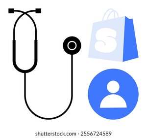 Stethoscope, blue shopping bag with letter S, and blue user profile icon. Ideal for medical services, online shopping, e-commerce, healthcare accessibility, user profiles. Simple, modern, clean style