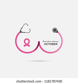 Stethoscope & breast icon.Breast Cancer October Awareness Month Campaign banner.Women health concept.Breast cancer awareness month logo design.Realistic pink ribbon.Pink care logo.Vector illustration