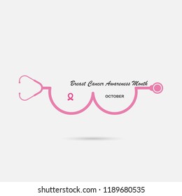 Stethoscope & Breast icon.Breast Cancer October Awareness Month Campaign banner.Women health concept.Breast cancer awareness month logo design.Realistic pink ribbon.Pink care logo.Vector illustration