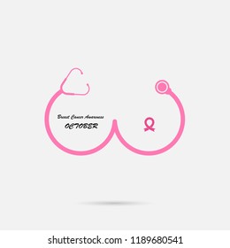 Stethoscope & Breast icon.Breast Cancer October Awareness Month Campaign banner.Women health concept.Breast cancer awareness month logo design.Realistic pink ribbon.Pink care logo.Vector illustration