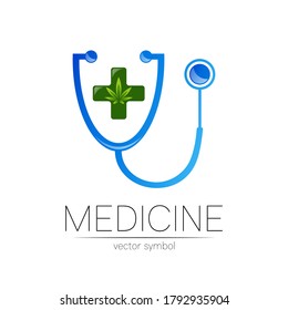 Stethoskop, Cannabis-Vektorlogotype in blauer Farbe. Medizinisches Marihuana-Symbol mit Kreuz für Arzt, Klinik, Krankenhaus und Diagnostik. Modernes Konzept für Logo oder Identitätsstil. Zeichen der Gesundheit.