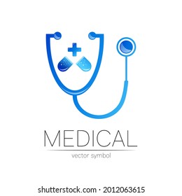 Estetioscopio, píldora de la cápsula, logotipo vectorial cruzado de color azul. Símbolo médico para médico, clínica, hospital y diagnóstico. Logo conceptual moderno o estilo de identidad. Signo de salud. Aislado sobre blanco