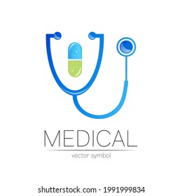 Stethoscope, capsule pill vector logotype in blue color. Medical symbol for doctor, clinic, hospital and diagnostic. Modern concept for logo or identity style. Sign of health. Isolated on white .