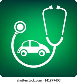 Stethoscope with a car inside on green background