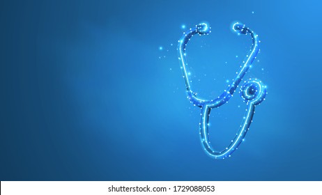 Stethoscope. Cardiologist Tool For Heartbeat Monitoring, Diagnostic Equipment, Hospital Service Design. Low Poly, Wireframe 3d Vector Illustration. Abstract Polygonal Image On A Blue Neon Background