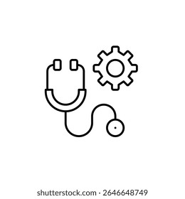 Stethoscope and cogwheel. Medical system settings, healthcare management, diagnostic tool configuration, clinical workflow control, patient monitoring setup. Pixel perfect, editable stroke vector icon
